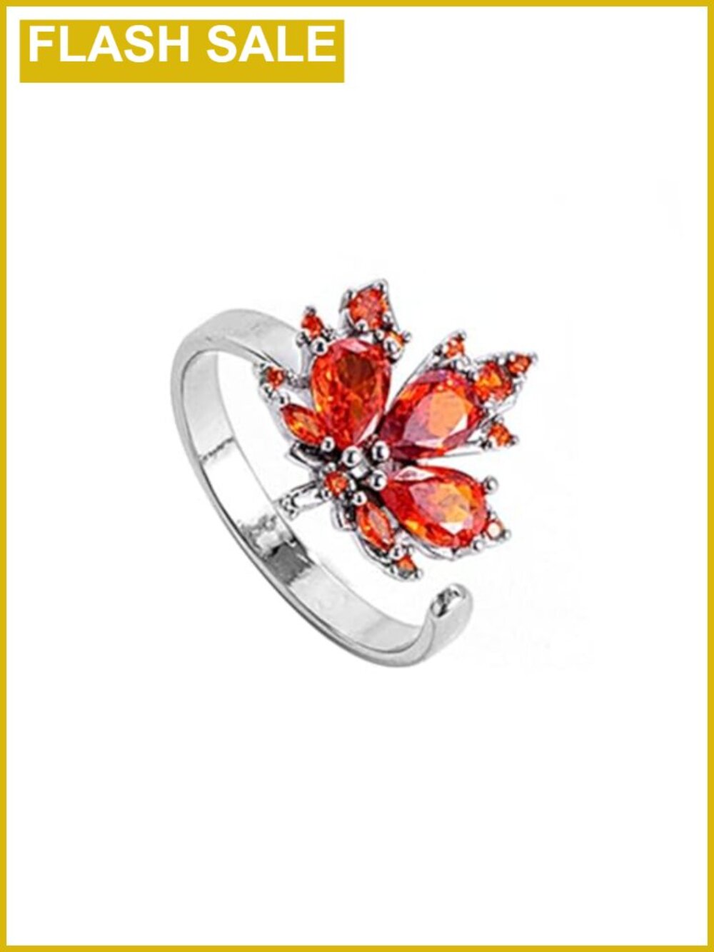 Adjustable Maple Leaf Open Band Ring with Crystal Cubic Zirconia